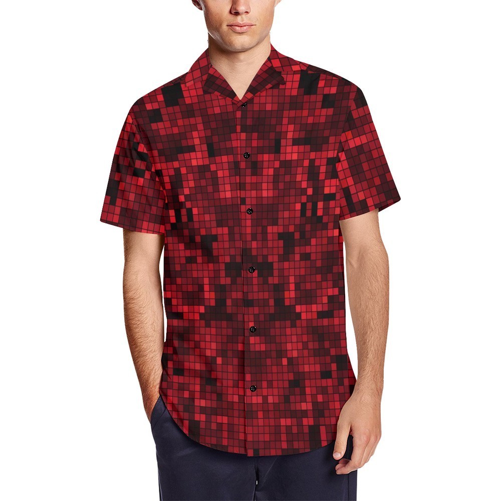 Red Pixelate Geometry Men's Short Sleeve Shirt With Lapel Collar