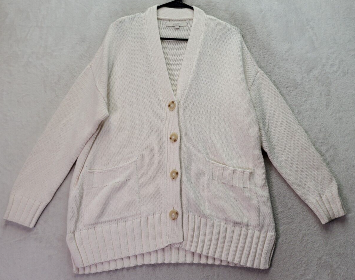 Primary image for LOFT Cardigan Women Large White Knit Cotton Long Sleeve Slit V Neck Button Front