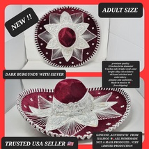 adults burgundy color with silver  mexican charro sombrero MARIACHI HAT  - £79.23 GBP