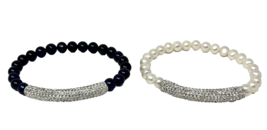 Cultured White and Blue Pearl and Crystal Bead Stretch Bracelets, Set of 2 - $23.74