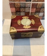 Vintage Mid-Century Wood &amp; Brass &amp; Jade Color Jewelry Casket/Asian - $110.00