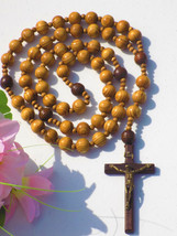 Holy Big Mix Beads Handmade Rosario Natural Wood Chain Jesus Cross XL large 42&quot; - £31.96 GBP