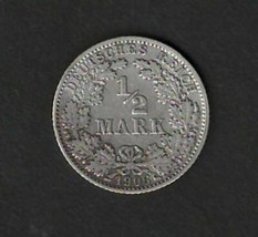 GERMANY 1906 Fine Silver Coin 1/2 Mark KM # 17                  dc3 - £9.28 GBP