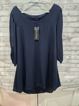 NWT Women L Cold Shoulder Midi Dress Blouse Lined Open Slit Arms Navy Bl... - $29.99