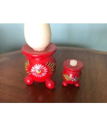2 Vtg Hand Tole Paint Wooden Wood Swedish Xmas Candle Holders Red White ... - £9.46 GBP
