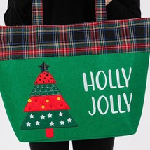 Felt Embroidered Holly Jolly Christmas Tree Tote Bag With Plaid Detail - $529.08 MXN