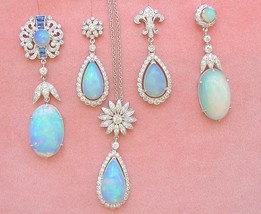 Art Deco 5.48ctw Opal Pear Drops 1.09ctw Diamond Stud Dangle Cocktail Earrings - £2,308.28 GBP