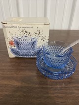 Vtg Indiana Glass Diamond Point Blue Sauce Mayo Set, 3 Piece Set Nib - £16.03 GBP