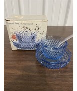 VTG Indiana Glass DIAMOND POINT Blue Sauce Mayo Set, 3 Piece Set NIB - $27.98 CAD