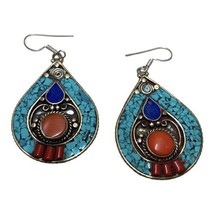 Bohemian Tribal Earrings - Turquoise and Coral Handcrafted Jewelry - £47.46 GBP