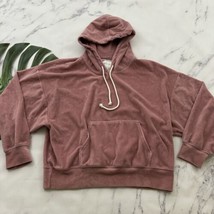 American Eagle Velour Hoodie Sweatshirt Size M Rose Pink Ribbed Pullover - £23.34 GBP