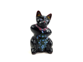 Vintage Carved Wood Hand Painted Black Lacquer Cat Kitten Folk Art  - $14.75