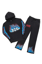 Men&#39;s Classic Salvo Black Hoodie &amp; Pants Flame Graffiti Sweatsuit Set - L - £43.61 GBP