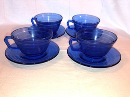 4 Cobalt Blue Moderntone Cups And Saucers Depression Glass Mint - £24.04 GBP