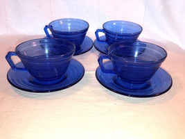 4 Cobalt Blue Moderntone Cups And Saucers Depression Glass Mint - £23.59 GBP