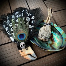 Smudging Fan, Samhain Altar, Feather Smudging Fan, Crab Claw Fan, Peacoc... - $41.60