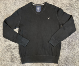 American Eagle Sweater Mens Medium Navy Blue Pullover V-Neck Cotton Preppy Logo - £17.52 GBP