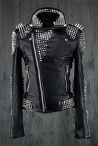 Handmade Women Black Punk Silver Long Spiked Studded Leather Jacket Zip Closure - £292.64 GBP