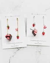 Strawberry chocolate cake slice clay earrings , miniature dessert, dollhouse foo - £39.86 GBP