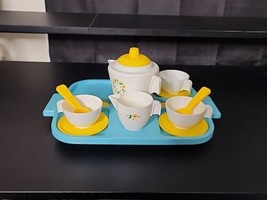 Fisher Price Tea Party Set Tea Pot Saucers Cups Spoons Lids Tray 1982 Toy 681 - £23.14 GBP
