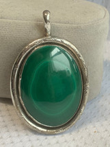Sterling Silver Green Malachite Pendant 37.25g Fine Jewelry Oval Bezel Charm - £54.71 GBP