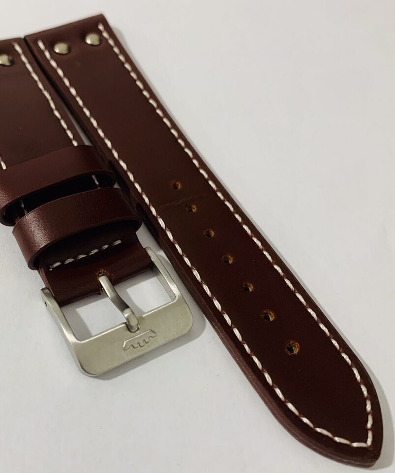 Heavy duty stitched leather watch strap,Genuine Fortis S/S buckle.22mm (FT-04) - $65.13