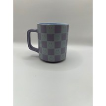New Smiley Face Coffee Mug Checkered Pattern Purple Blue - $14.79