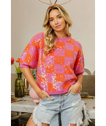 BiBi Checkered Short Sleeve Sequin Sweater - $59.65 CAD