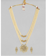 24K Gold-Plated &amp; White Kundan-Studded Pearl Beaded Layered Jewellery Se... - £39.44 GBP
