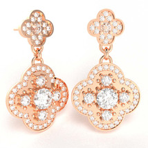 Shamrock Clover Flower Leaf White Topaz Diamond Earrings In 14k Rose Gold - £829.71 GBP