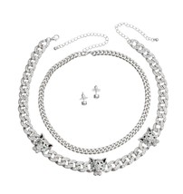 2PCs Silver Clear Rhinestone Iced Leopard Cuban Chain Women Fashion Necklace Set - £51.70 GBP