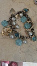Accessocraft NYC CHUNKY  Charm Bracelet, gold tone Metal aqua faux pearl  Hearts - £29.04 GBP