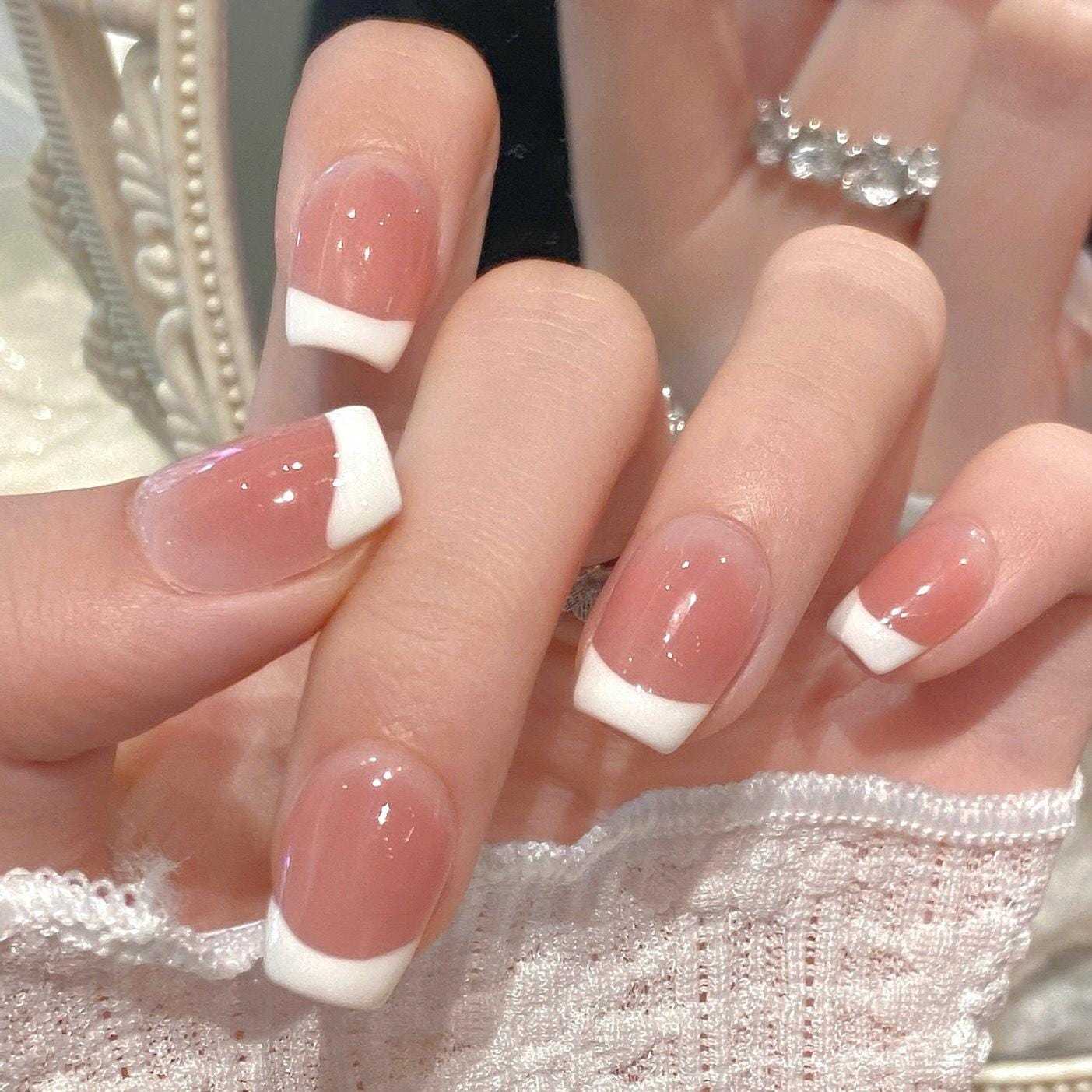 Classic French Tip Press-On Nails in Glossy Nude Pink. Artificial reusab... - $22.99