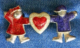 Charming 2 Kids &amp; Heart Colorful Glitter Enamel Silver-tone Brooch 1980s vintage - £9.83 GBP