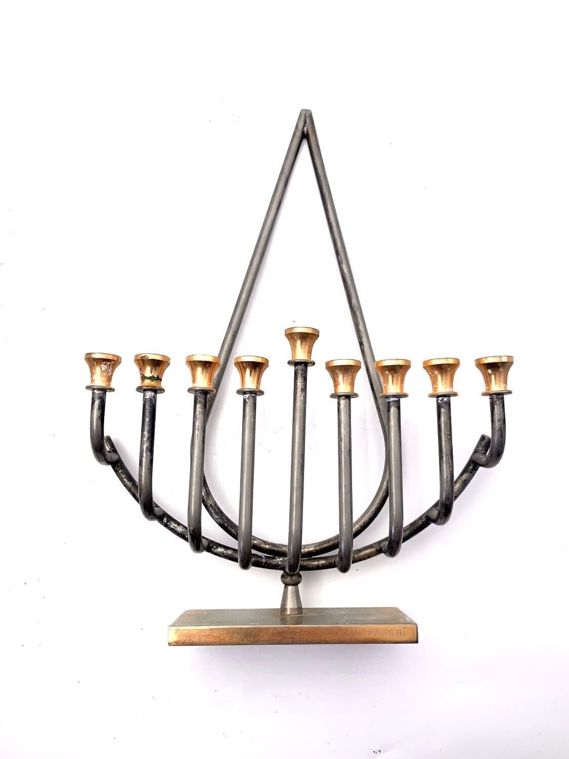 Vintage Judaica Hanukkah Menorah Modernist Design Gold- and Silver-Plate... - $92.00