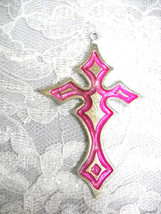 Xl Pink Inlay Gothic Cross Cast Usa Pewter Pendant On Adj Cord Necklace - £9.53 GBP