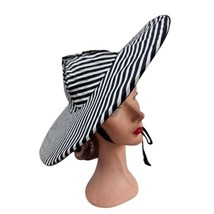 VTG 1950s Wide Brim Black &amp; White Stripe Cotton Hat Audrey Hepburn Glam ... - $128.65