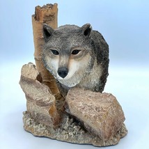 Wolf Bust Peering Over Rocks Tree Stump in background Second Nature Designs - £59.34 GBP