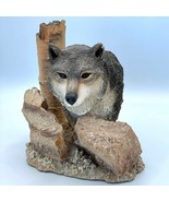 Wolf Bust Peering Over Rocks Tree Stump in background Second Nature Designs - £59.27 GBP