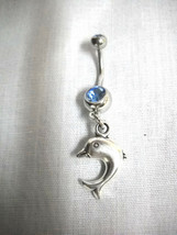 New Shiny Dolphin 2 Sided Dangling Charm On Dbl Baby Blue Cz Belly Button Ring - £3.92 GBP
