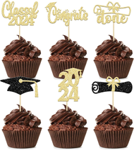 Graduation Cupcake Toppers 2024 Gold Glitter Class of 2024 Cupcake Toppers Suppl - £13.09 GBP