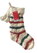 Martha Stewart Christmas Stocking Hand Knit Cream Ivory Green Red Stripe Tassels - £47.38 GBP