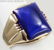 Antique Art Deco Blue Lab-Created Sapphire Cabochon 10k Solid Gold Men&#39;s Ring - £543.61 GBP