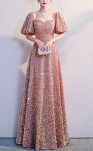 BLUSH PINK Maxi Sequin Dress GOWNS Vintage Sleeved High Waist Sequin Prom Dress image 5