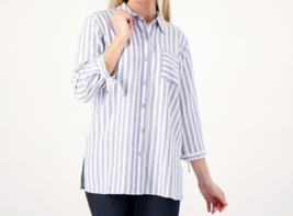 Susan Graver PURE Yarn-Dyed Petite Linen Blend Button Front Top Blue, PX-Large - £23.48 GBP