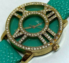 Romilly Men Lady Gold Tone Green Rhinestone Analog Quartz Watch Hour~New Battery - £7.84 GBP