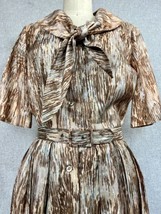 Vintage 50s 60s Brown Silk Satin Brush Novelty Print Princess Style Dres... - £64.51 GBP