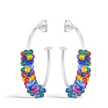 Boho Sparkle Multicolor Crystal Beads on Sterling Silver Open Hoop Earrings - £13.68 GBP
