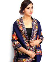 Women Aari Kashmiri Blue Stole Ethnic Flower Embroidered Wool Shawl Cashmere - £63.34 GBP