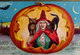 Halloween Postcard Witch Owl Bat Black Cat Stars Crescent Moon 244 Conwell 1909 - £71.40 GBP